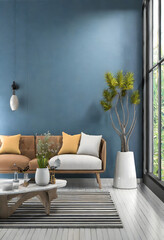 3D rendering image of Modern living room interior design and blue wall texture background. Generative AI.
