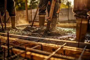 A man is pouring concrete into a hole - obrazy, fototapety, plakaty