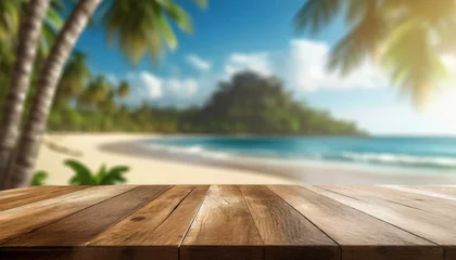 Foto auf Acrylglas  wooden palm, sky, ocean, water, tree, wood, summer,  bridge tranquil wooden table with a blurred tropical beach vista in the background, wallpaper © Gul