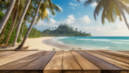 beach with chairs tranquil wooden table with a blurred tropical beach vista in the background, wallpaper - obrazy, fototapety, plakaty