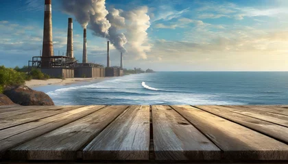 Fotobehang morning A rustic wooden tabletop overlooking the ocean horizon warmth sky, power, factory, chimney, industrial,  serenity, coastal tranquility, vacation vibes seaside serenity Gabriel Beach, © Gul