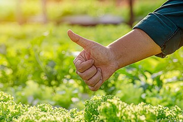 Happy with growing plant. Close up farmer hand giving thumbs up over his plant. Good water, good...