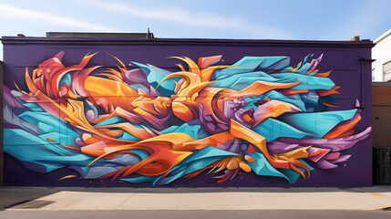 An energetic explosion of colors and lines on a city wall, where graffiti-style lettering intertwines with abstract shapes, injecting life into the urban scenery.