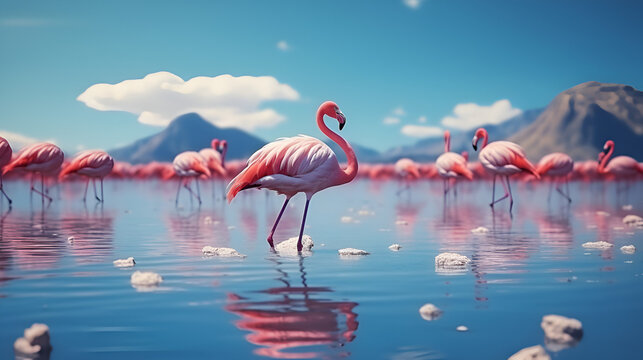 Flamingo in the blue water of the lake with reflection group birds of pink african flamingos walking around the blue lagoon on a sunny day