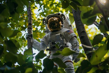 A man in a space suit is walking through a forest