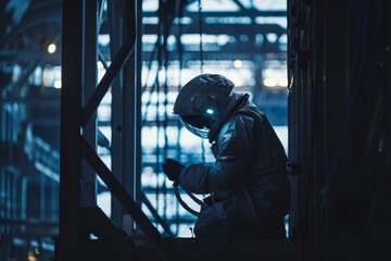 A man in a space suit is sitting on a ledge in a dark room