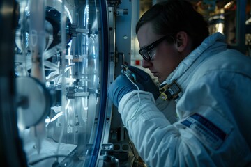 A man in a lab coat is wearing a face mask and gloves while looking at a beaker