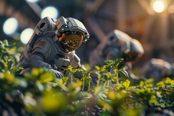 Fototapeta na wymiar A man in a spacesuit is tending to plants in a greenhouse