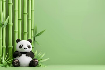 A stuffed panda bear is sitting in front of a green bamboo wall