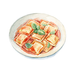 Watercolor hand drawn illustration of a plate of ravioli. Italian Cuisine. Tasty food. - 769365725