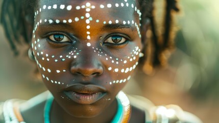 Portrait of a young African woman with traditional face paint, her eyes conveying strength and wisdom, natural light highlighting the textures of her skin
