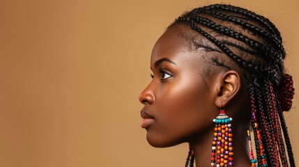 Profile portrait of a young African woman with intricate braids, wearing colorful beads, against a simple, earth-toned background, soft side lighting to accentuate her features