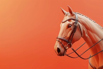 A horse with a bridle on its head is shown on a red background - obrazy, fototapety, plakaty