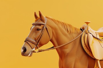 A brown horse with a bridle on its head is standing on a yellow background - obrazy, fototapety, plakaty