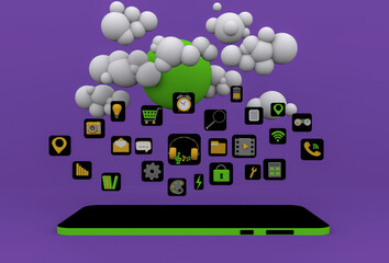 Icons with various applications for a smartphone fall into it from the clouds, 3D cartoon rendering, purple yellow green bright colors, concept of downloading applications from cloud services