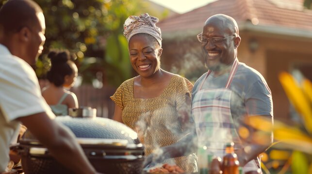 Photo of an african family gathered around a barbecue grill, cooking traditional foods to celebrate Juneteenth, candid laughter and joy, outdoor setting with soft focus on the background