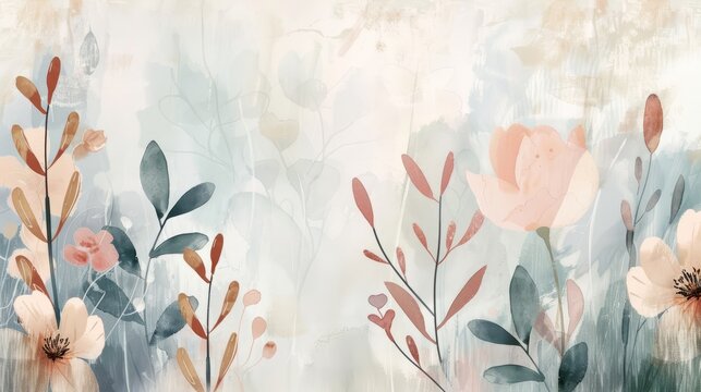 Fototapeta A painting depicting flowers and leaves on a wall. The artwork showcases abstract floral motifs in a gentle and understated manner, background, wallpaper, copy space