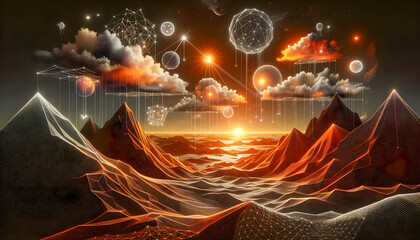 The abstract wireframe landscape in orange and black with elements of imagination and creativity.