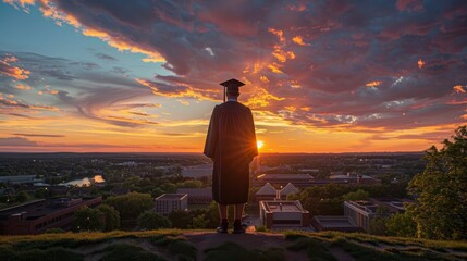 Obraz premium Graduate silhouetted against a stunning sunset, representing the close of one chapter and the promise of the next.