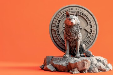A silver dog is sitting on a rock next to a circle - obrazy, fototapety, plakaty