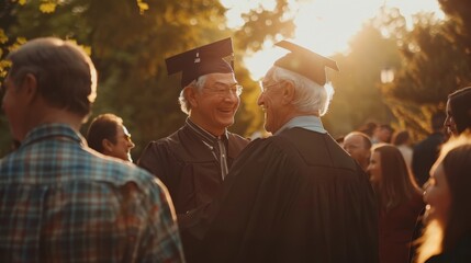 Elderly graduates in caps and gowns share a joyful moment, proving it's never too late for new beginnings.