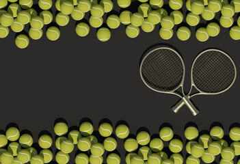 two golden tennis rackets crossed around a frame of tennis balls on a black background top view 3 d render cartoon