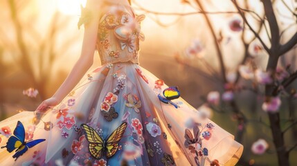 A whimsical gown adorned with vibrant butterfly appliqués, basking in the golden sunlight amidst a blooming garden.