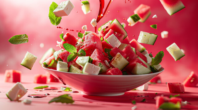 Dynamic image showcasing a refreshing watermelon salad with chunks of feta cheese and mint leaves
