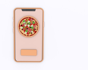 smartphone with pizza on white background 3d render cartoon,pizza ordering concept