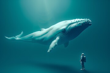 A man is standing in front of a whale in the ocean - obrazy, fototapety, plakaty