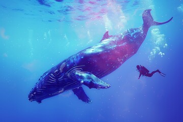 Obraz na płótnie Canvas A man is swimming in the ocean next to a whale