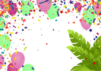 Party background with colorful balloons, confetti and palm leaves. Vector illustration.