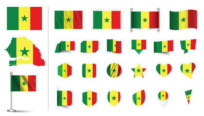 set of Senegal flag, flat Icon set vector illustration. collection of national symbols on various objects and state signs. flag button, waving, 3d rendering symbols