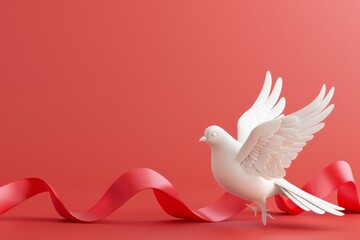 A white bird is flying over a red ribbon