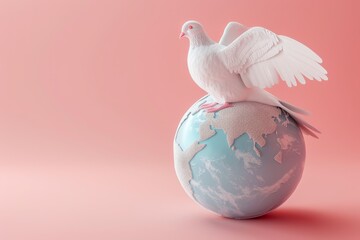 A white dove sits on top of a blue globe - obrazy, fototapety, plakaty