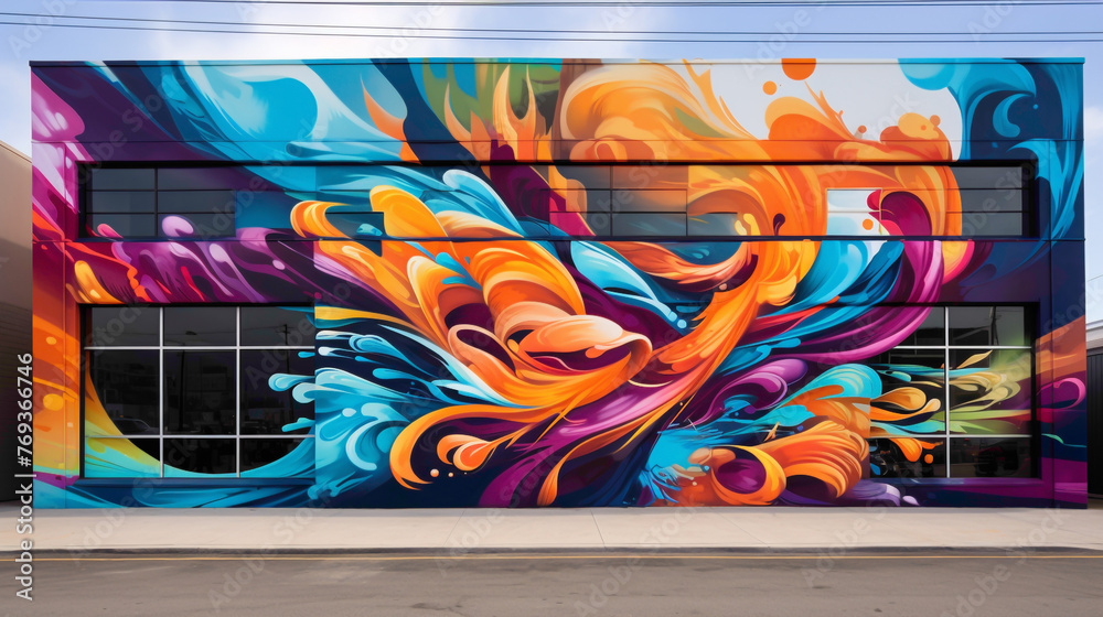 Wall mural A kaleidoscope of color splashes across a vibrant street art mural, where bold graffiti-style lettering intertwines with dynamic abstract shapes, infusing the urban.