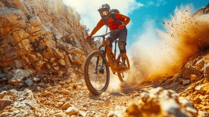 A man in action, riding a mountain bike on a rocky trail, navigating obstacles and enjoying the rugged terrain.