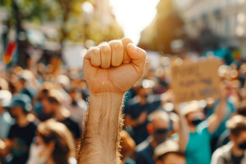 Close up of a fist raised in the air at an outdoor political protest