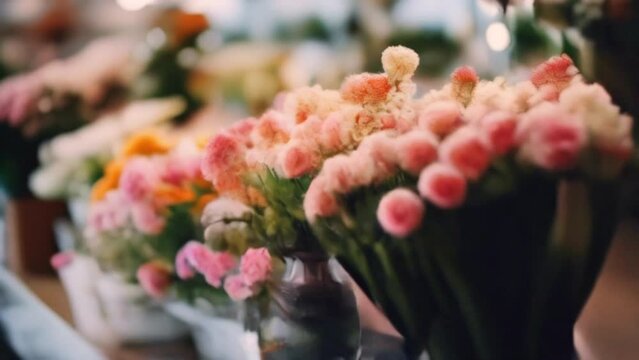 Colorful flower bouquets in a market display