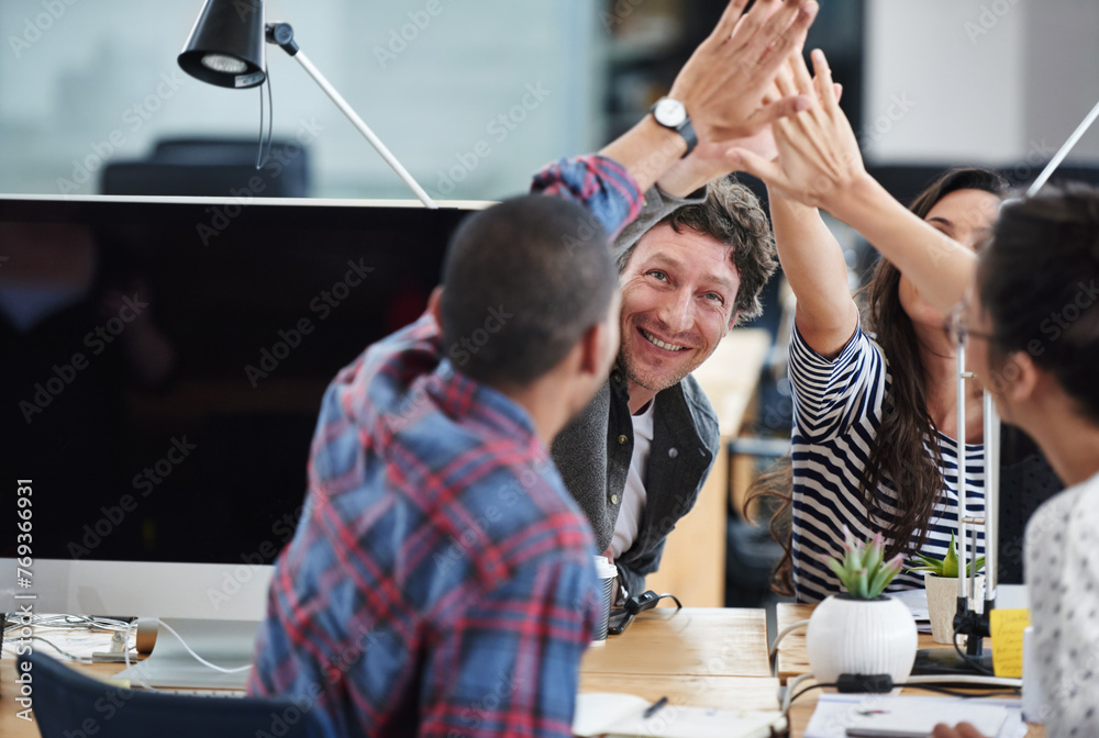 Poster business people, teamwork and high five for celebration and goals with computer for startup tech com