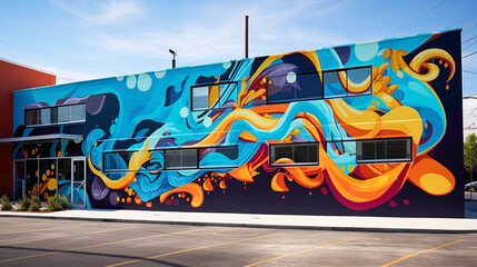 A kaleidoscope of color splashes across a vibrant street art mural, where bold graffiti-style lettering intertwines with dynamic abstract shapes, infusing the urban .