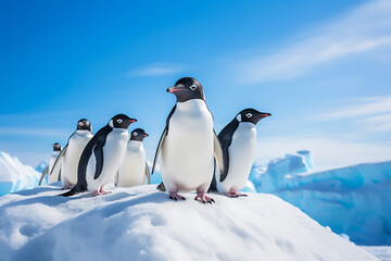 Fototapeta premium A group of penguins walking on a snowy Antarctic glacier under a clear blue sky