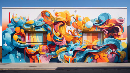 Naklejka premium A cacophony of colors and shapes come alive in a street art mural, where graffiti-style lettering and abstract forms collide to create a visually stunning masterpiece.