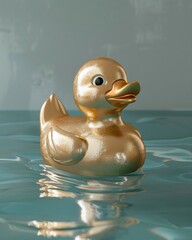 3D Gold rubber duck in minimal pool, clear blue water, refined elegance, tranquil scene
