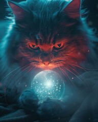 Fortune teller alien cat, mystical orb glow, starry night, enigmatic aura - obrazy, fototapety, plakaty