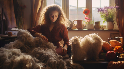 close up a  woman working with wool in her living room with his pet dog Winter reading in the cozy library with lantern 

 - obrazy, fototapety, plakaty
