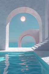 Obraz na płótnie Canvas Minimalist aesthetic 3D summer podium, pool setting, clear blue skies, elegant, sunlit
