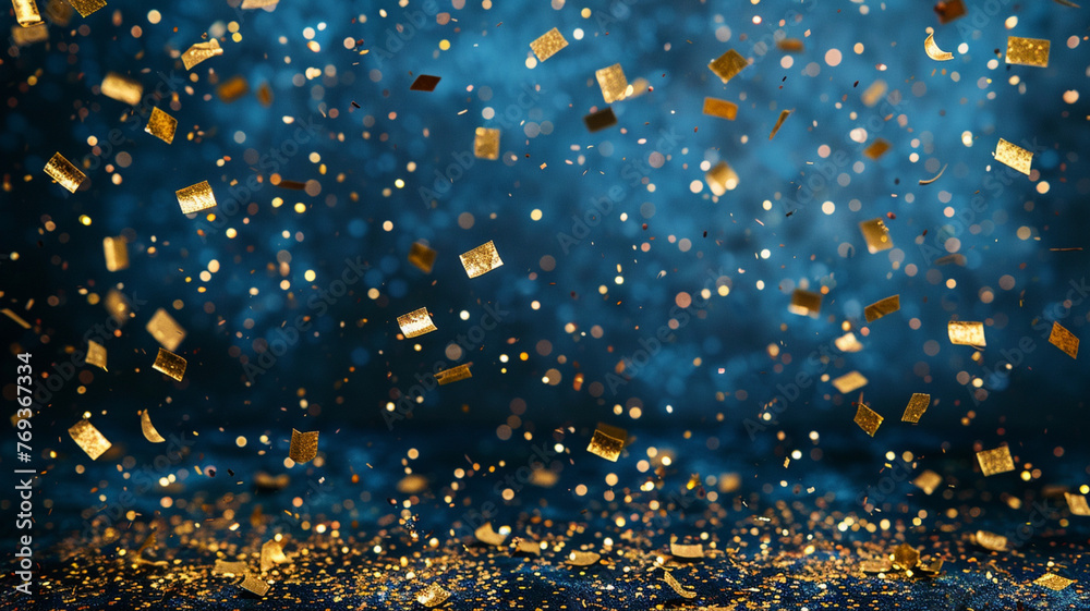 Poster a blue background with gold confetti falling from the sky. the confetti is scattered all over the ba