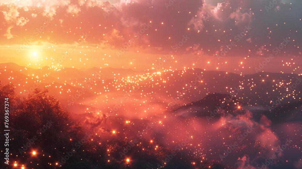 Aufkleber a bright orange sky with a sun and a mountain range in the background. the sky is filled with stars 