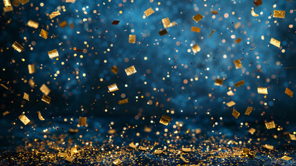 A blue background with gold confetti falling from the sky. The confetti is scattered all over the background, creating a festive and celebratory atmosphere